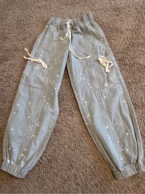 Women’s denim Striped Jogger Pants with White Paint-Style Detail